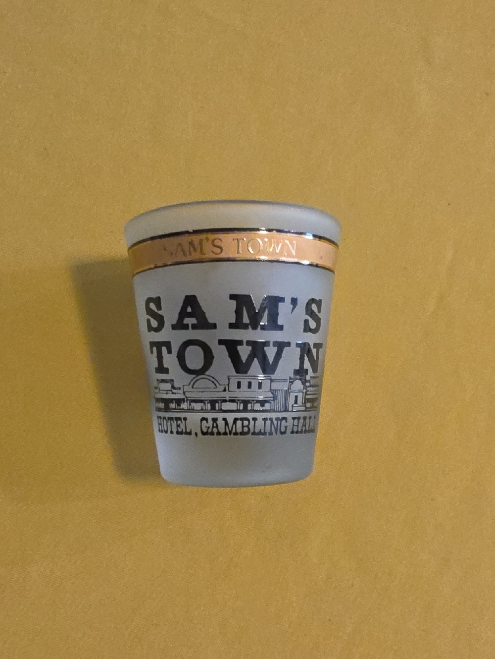 Sam's Town Frosted Shot Glass w/ Gold Band-1992 National Finals Rodeo Las Vegas